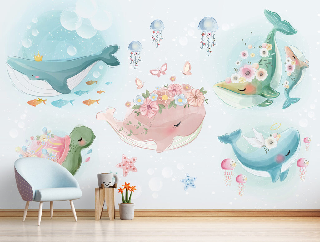 Baleines aux couronnes fleuries dans un intérieur