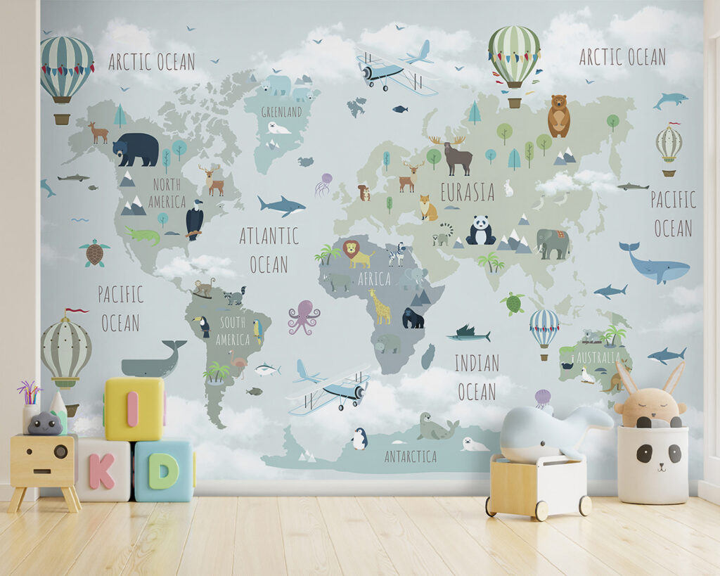 Carte animalière aux montgolfières dans un intérieur