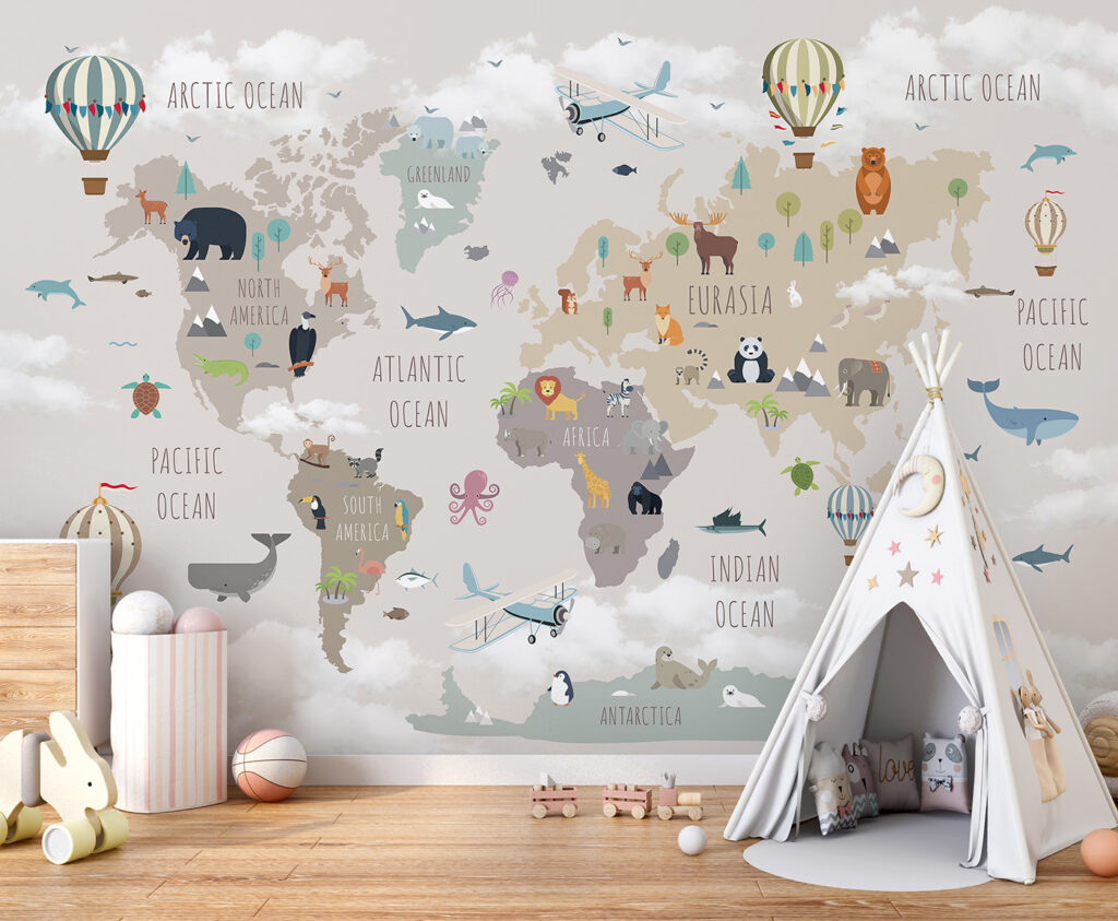 Carte animalière aux montgolfières dans un intérieur