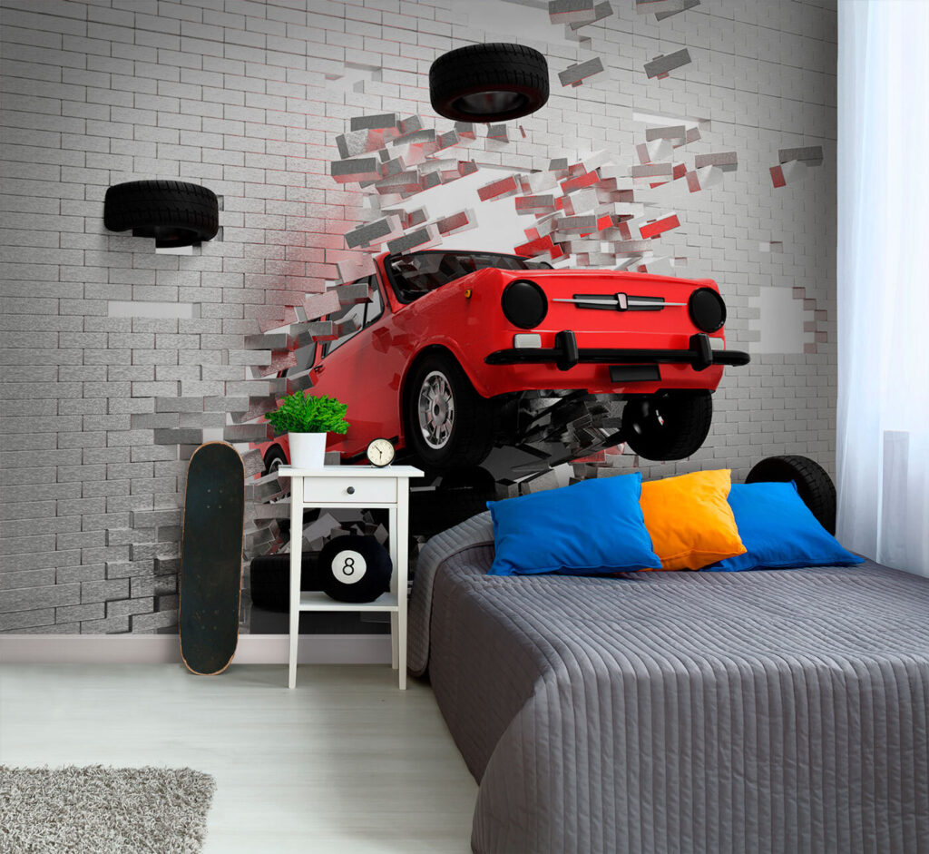 La voiture rouge s’échappe dans un intérieur