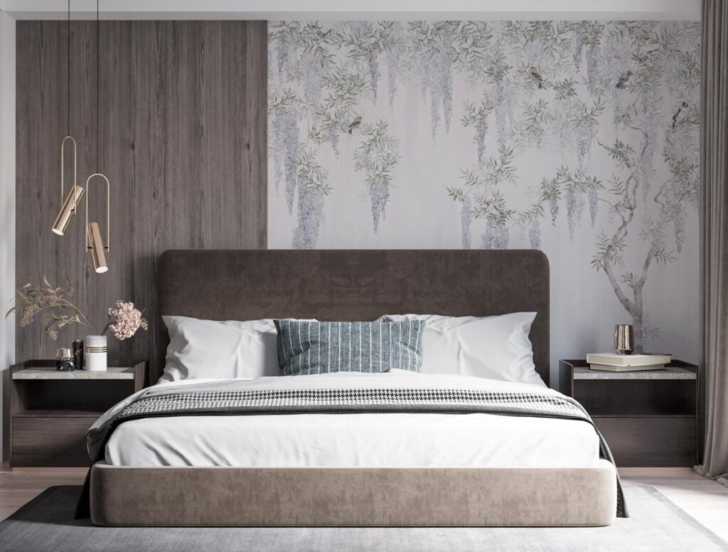 Voile fleuri argenté dans un intérieur