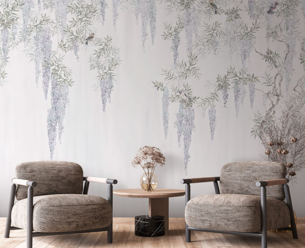 Voile fleuri argenté dans un intérieur