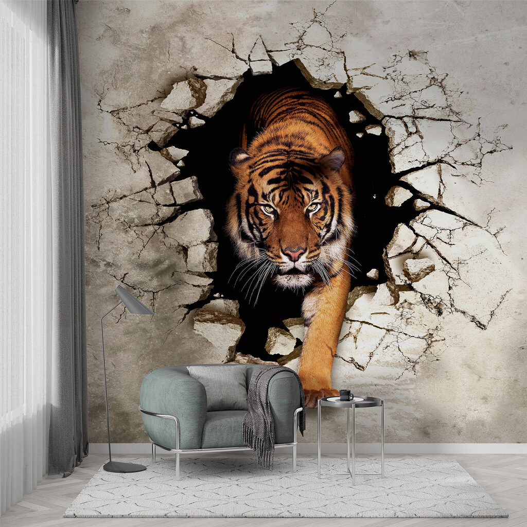 Tigre surgissant du mur dans un intérieur