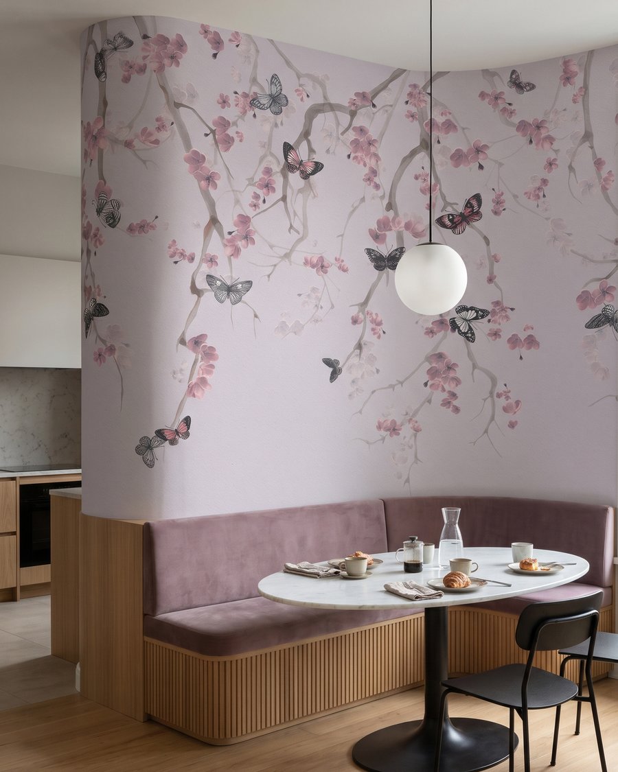 Papillons et floraison rose dans un intérieur