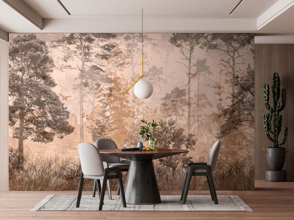 Forêt façon gravure dans un intérieur