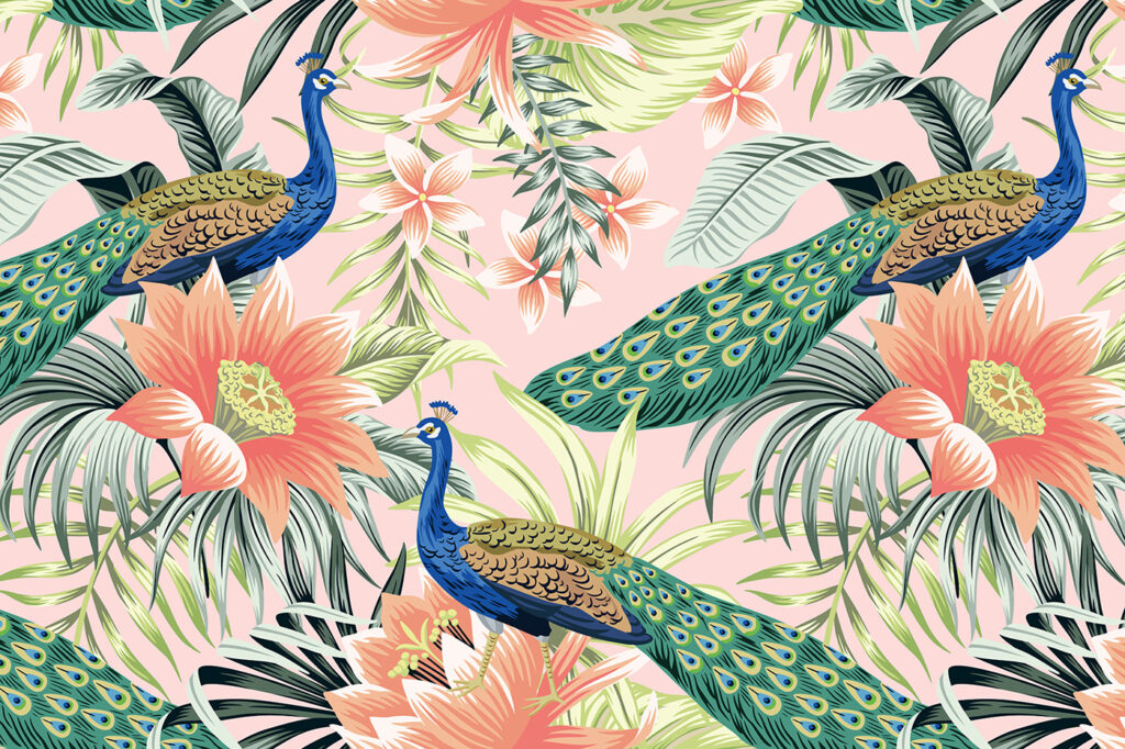 Paons et fleurs colorés — motif complet