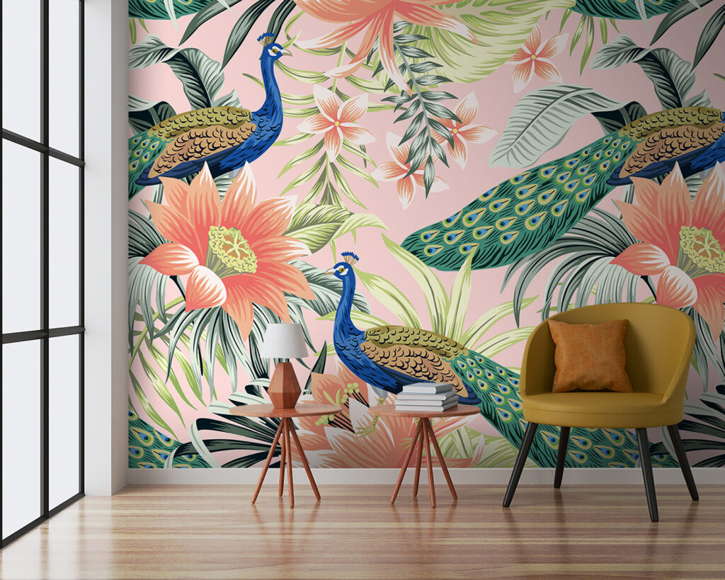 Paons et fleurs colorés — intérieur 1