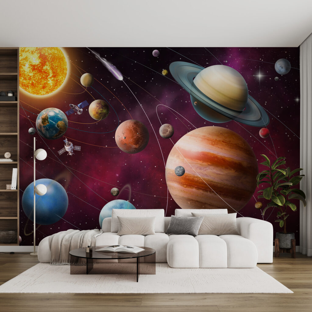 Cosmos rouge et planètes dans un intérieur