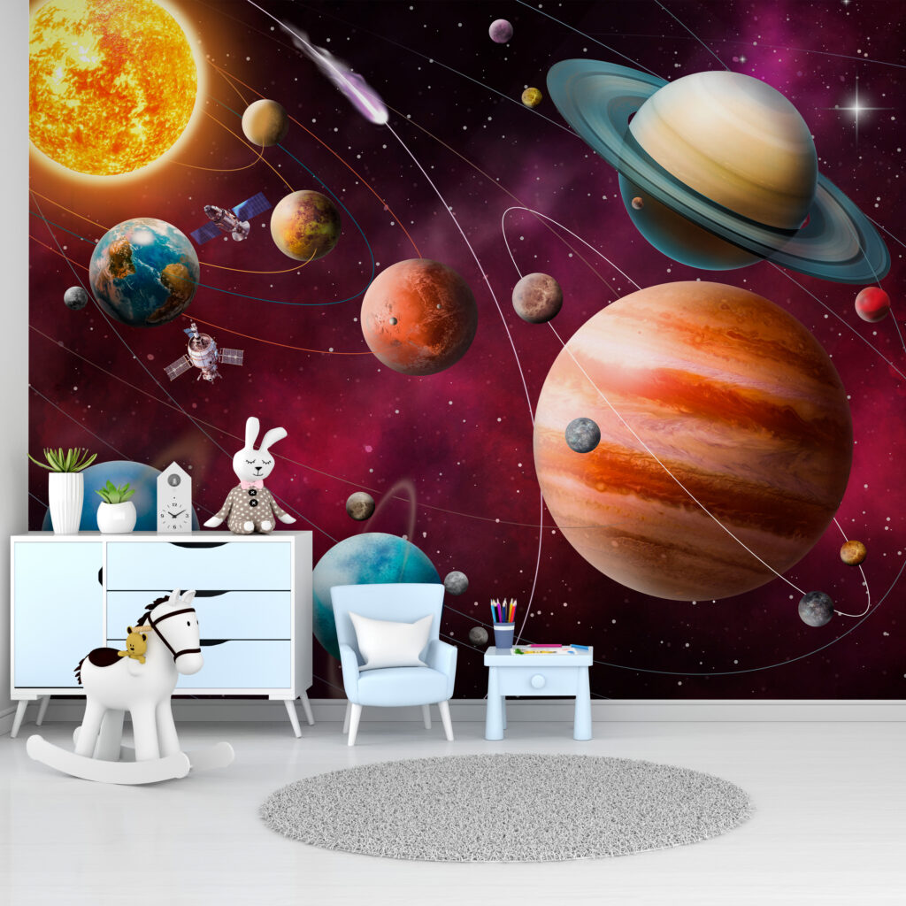 Cosmos rouge et planètes dans un intérieur