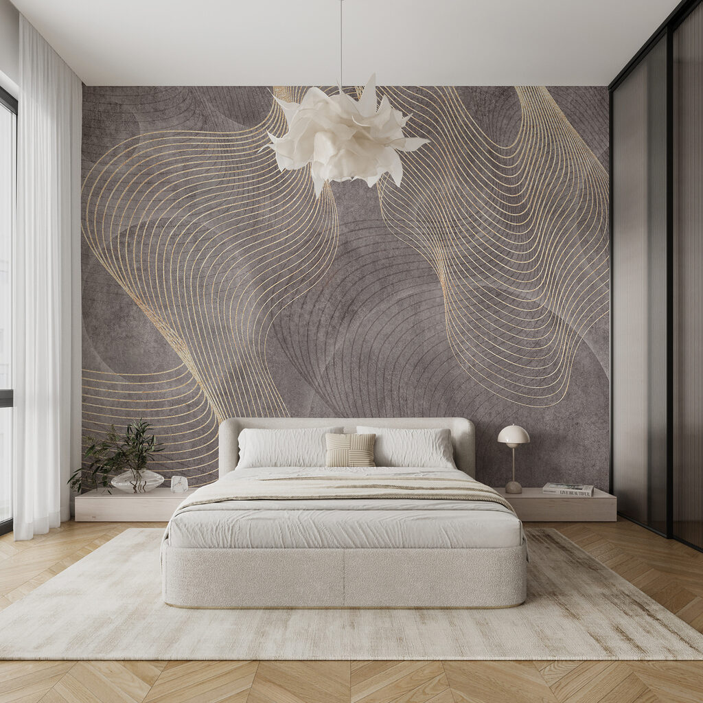 Fusion de lignes dorées dans un intérieur