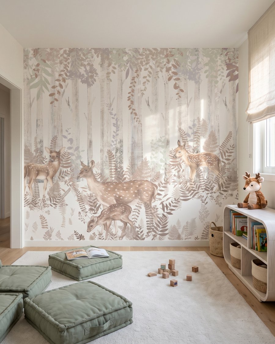 Cerfs et fougères pâles dans un intérieur