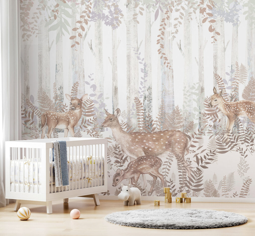 Cerfs et fougères pâles dans un intérieur