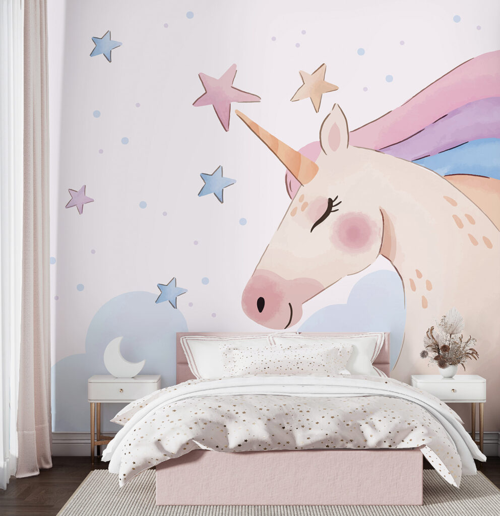 Licorne et étoiles flottantes dans un intérieur