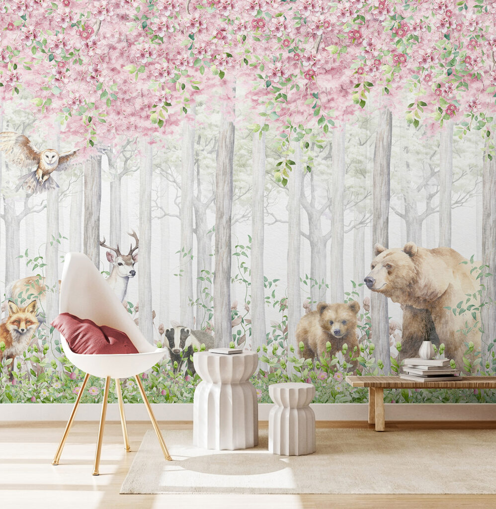 Sous les branches roses dans un intérieur
