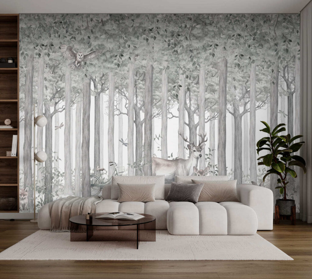 Cerfs et grands arbres dans un intérieur