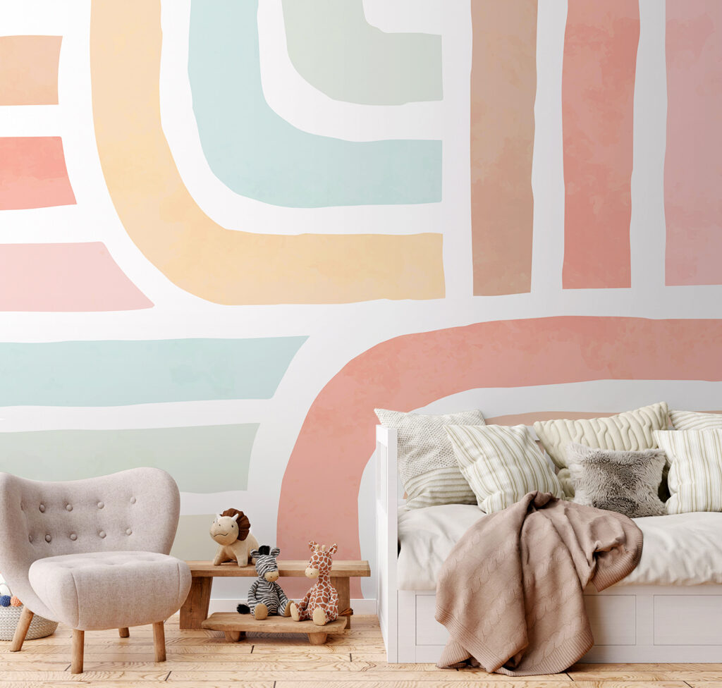 Arcs et bandes pastel dans un intérieur