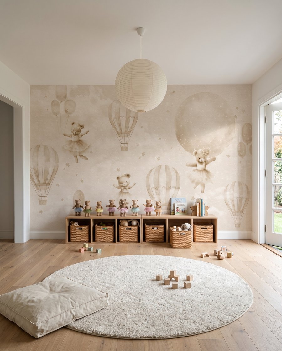 Oursons en montgolfière dans un intérieur