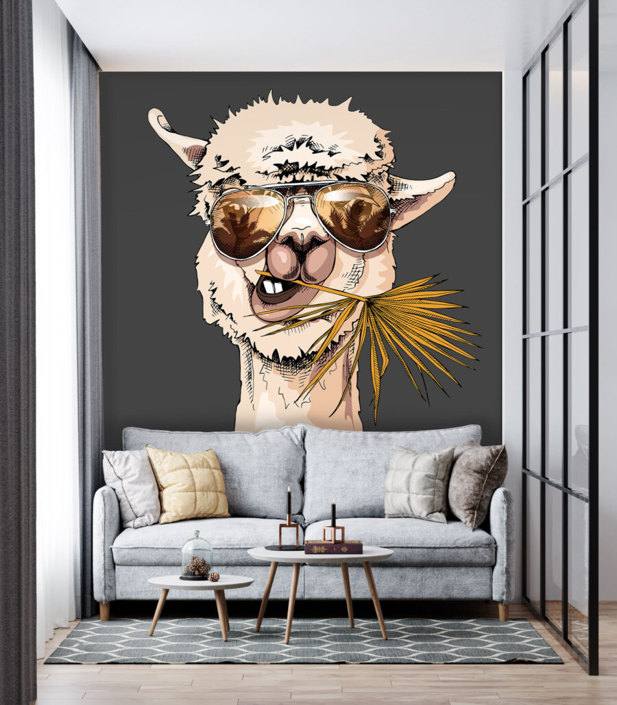 Lama à lunettes dans un intérieur
