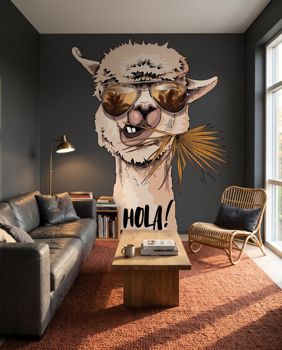 Lama à lunettes dans un intérieur