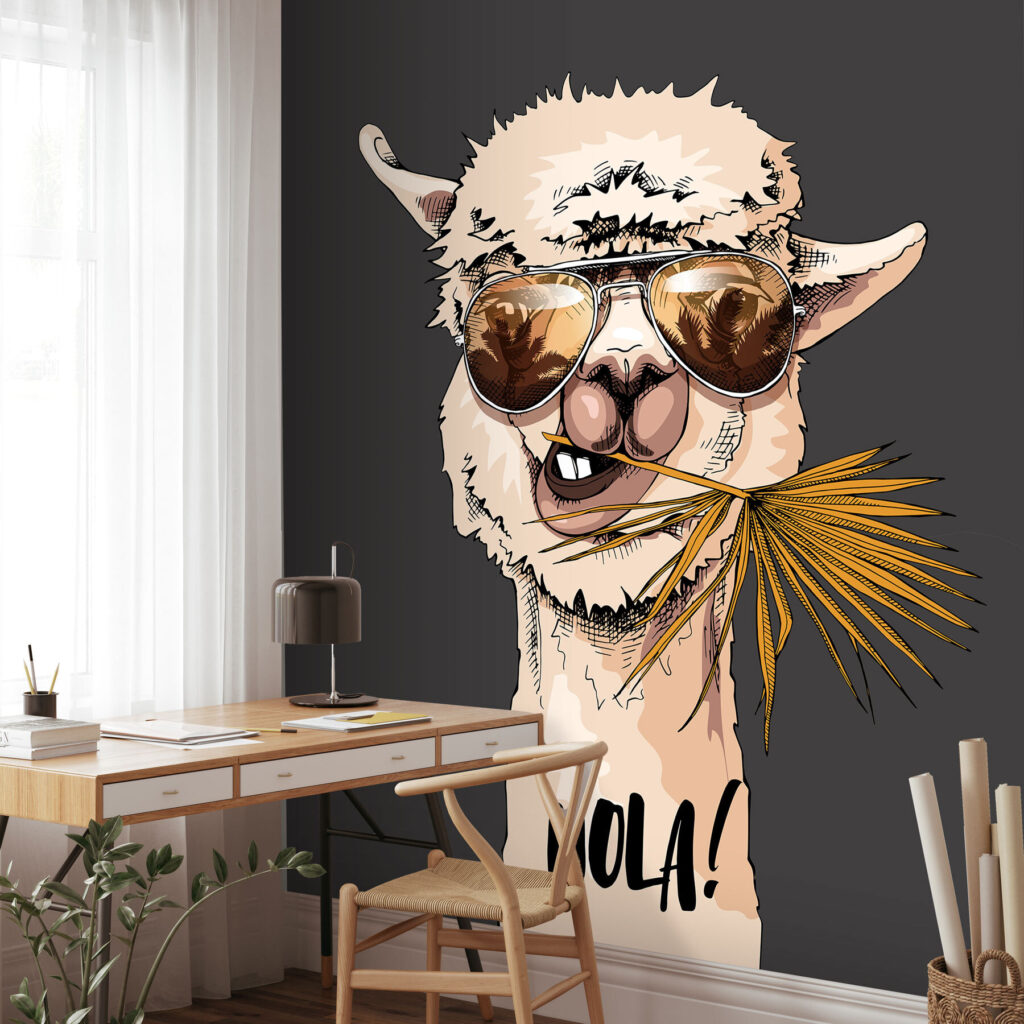 Lama à lunettes dans un intérieur