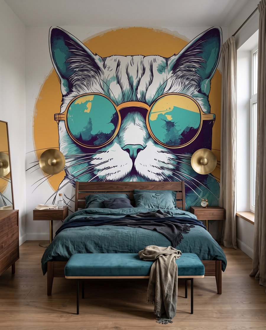 Chat à lunettes dans un intérieur