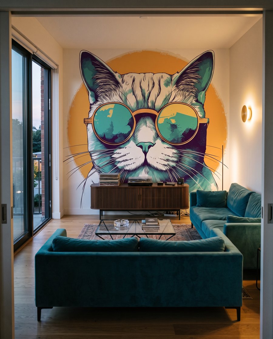 Chat à lunettes dans un intérieur