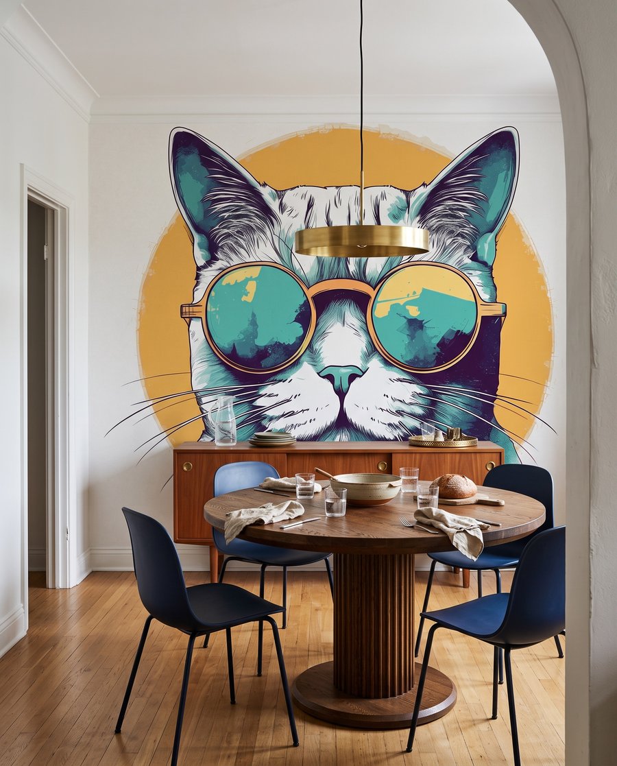 Chat à lunettes dans un intérieur