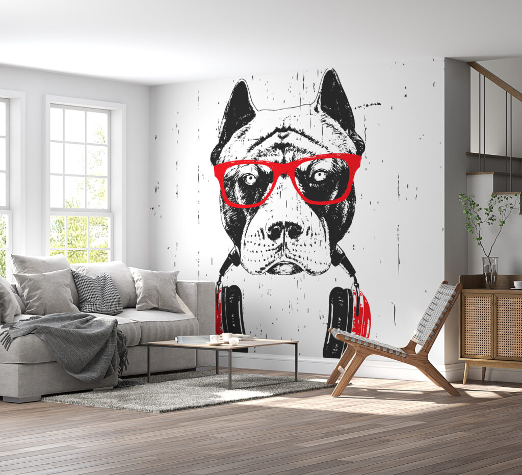 Chien au casque rouge dans un intérieur
