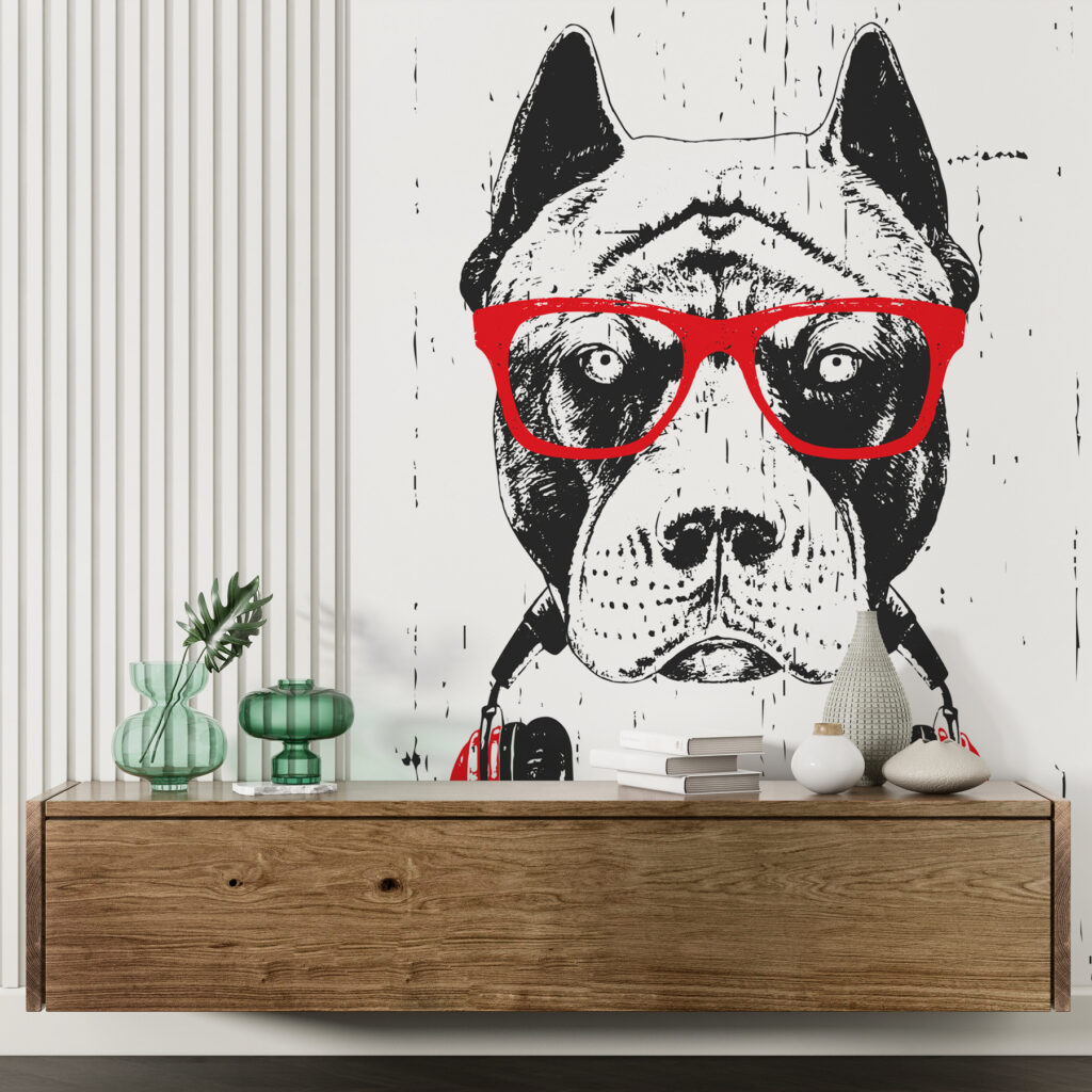 Chien au casque rouge dans un intérieur