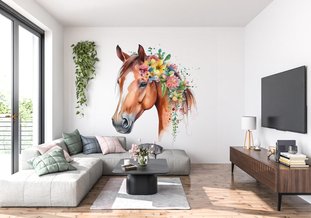 Cheval à crinière fleurie dans un intérieur