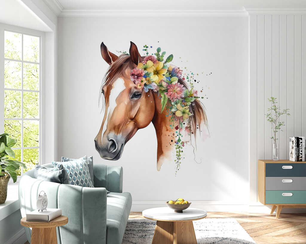 Cheval à crinière fleurie dans un intérieur