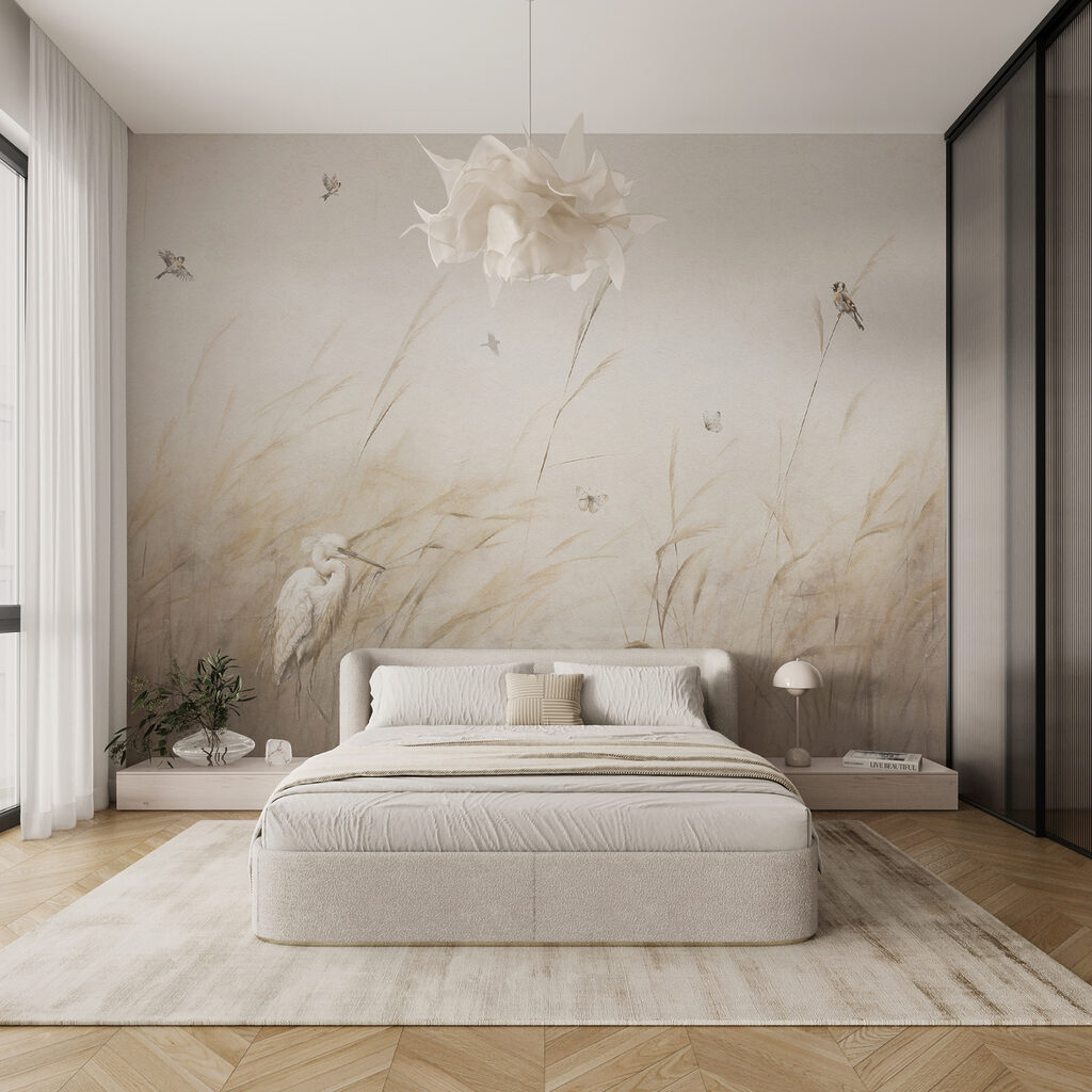 Oiseaux et herbes pâles dans un intérieur