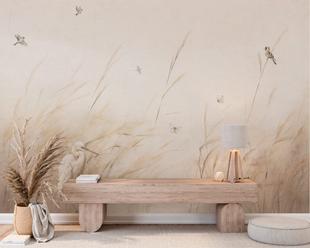 Oiseaux et herbes pâles dans un intérieur