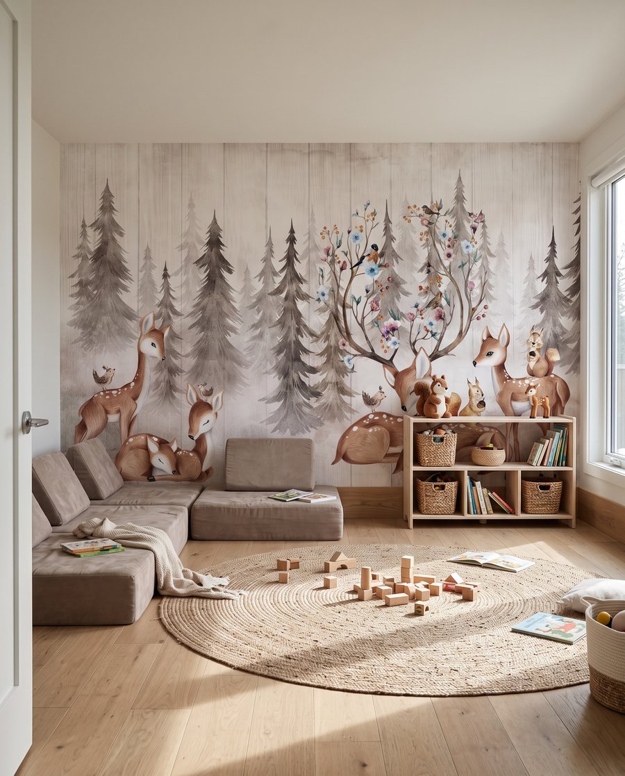 Cerfs sous l’arbre fleuri dans un intérieur