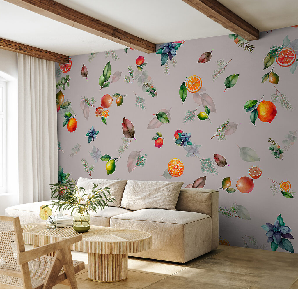 Agrumes, fleurs et feuilles dans un intérieur