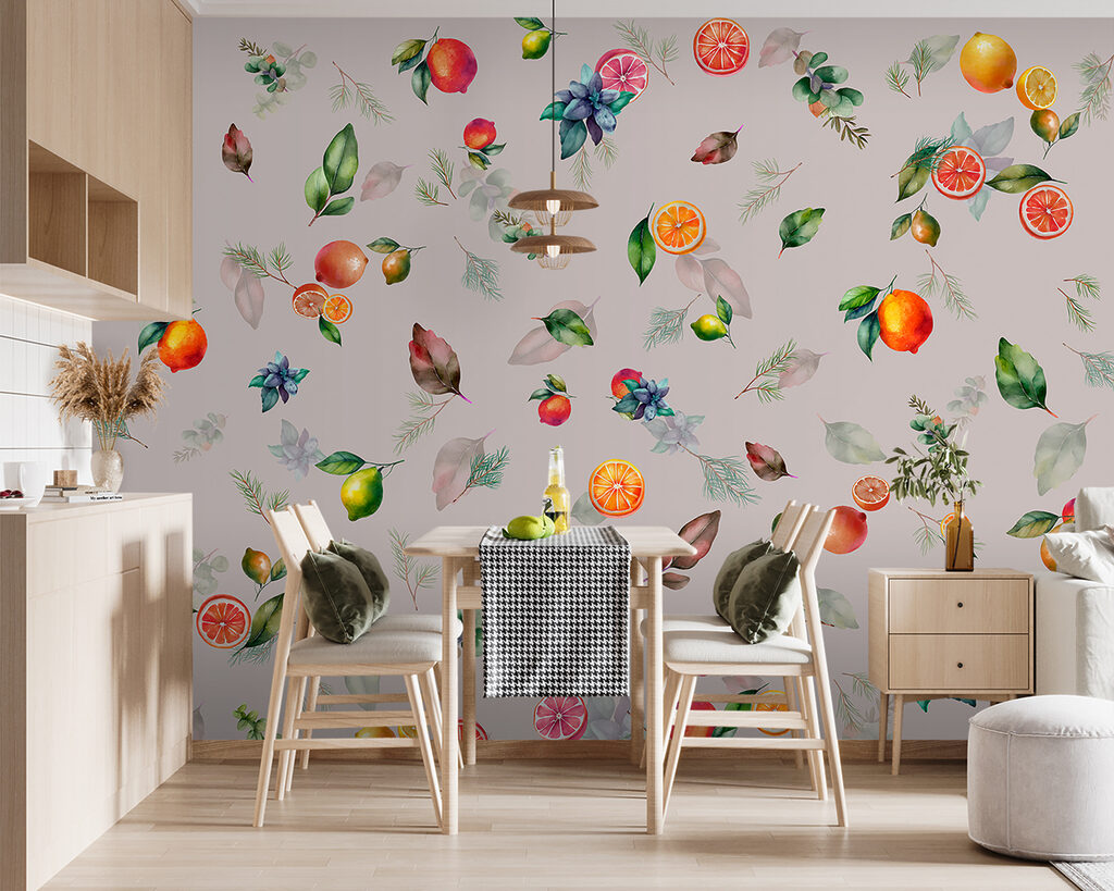 Agrumes, fleurs et feuilles dans un intérieur