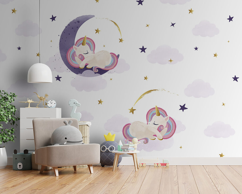 Licornes et lunes violettes dans un intérieur