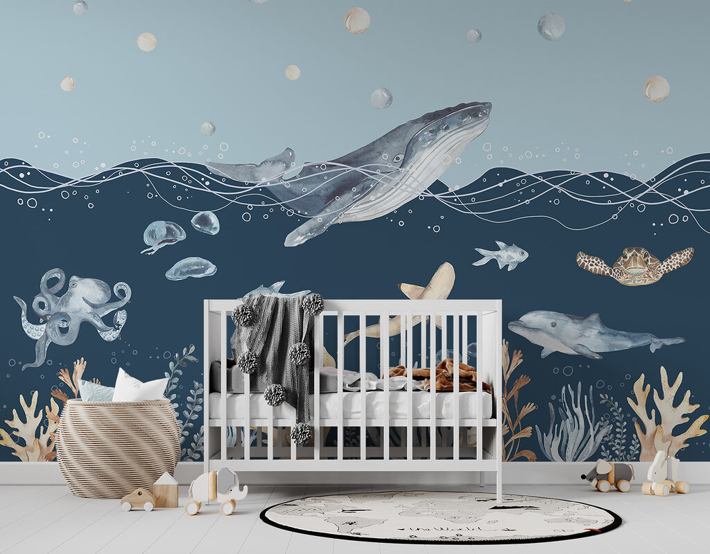 Baleine et jardin corallien dans un intérieur