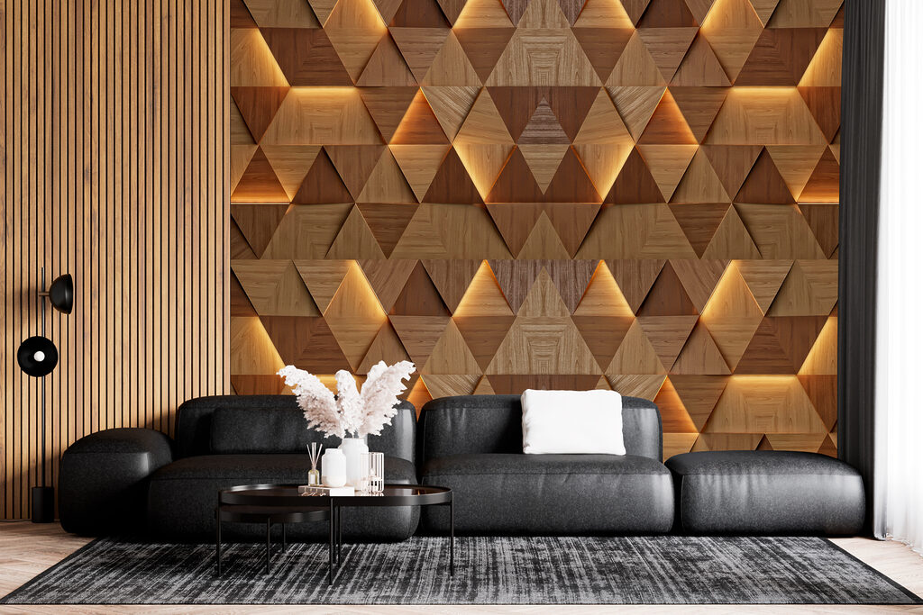 Triangles en lumière ambrée dans un intérieur