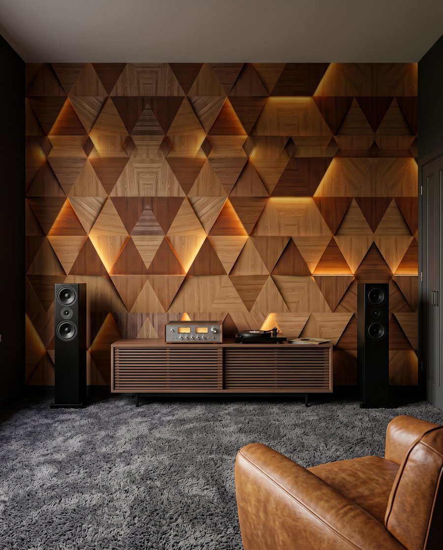 Triangles en lumière ambrée dans un intérieur