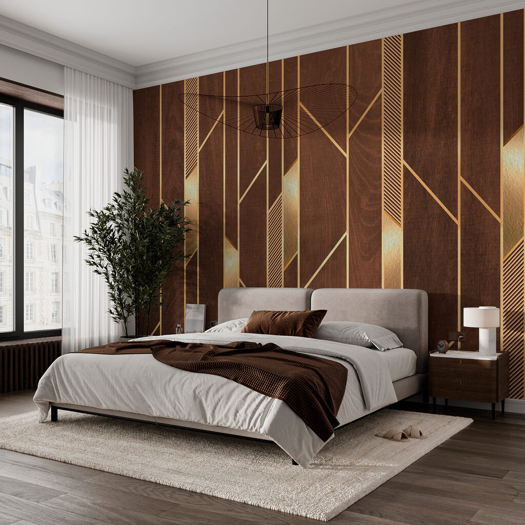 Lignes dorées sur brun dans un intérieur