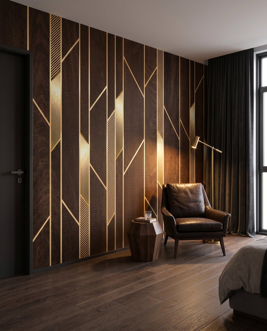 Lignes dorées sur brun dans un intérieur