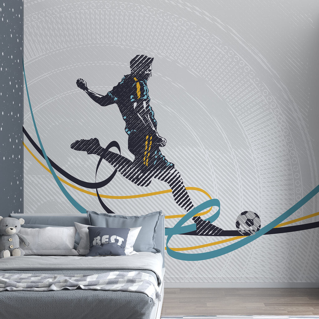Football et courbes colorées dans un intérieur