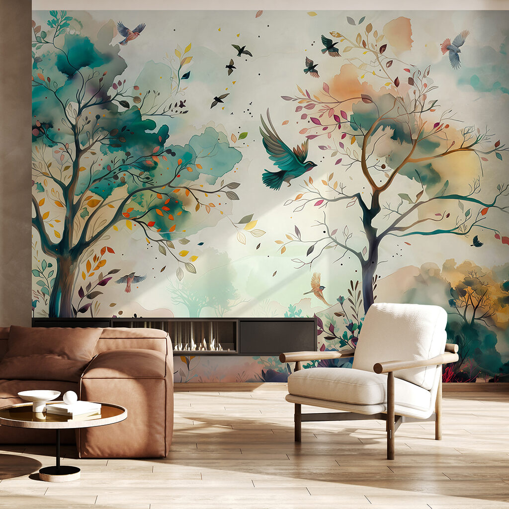 Forêt aquarellée aux oiseaux dans un intérieur