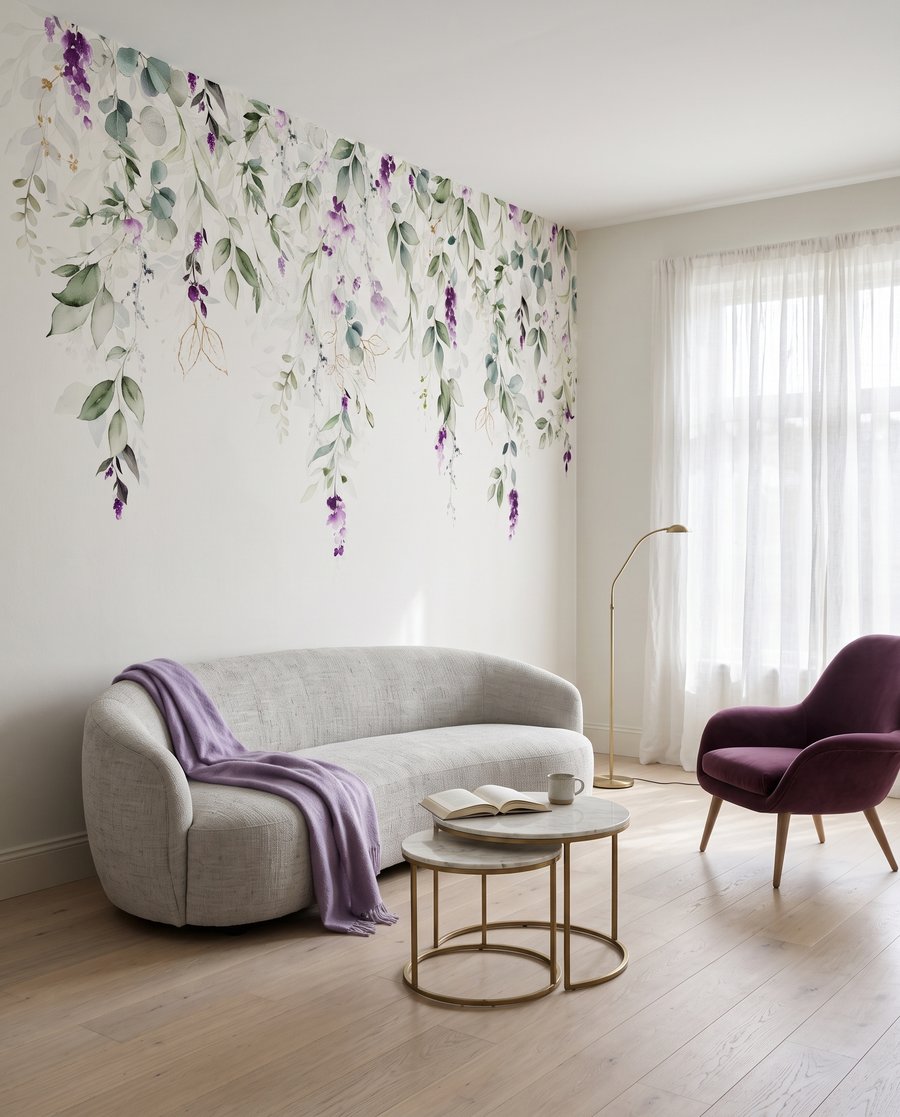 Branches aux fleurs violettes dans un intérieur