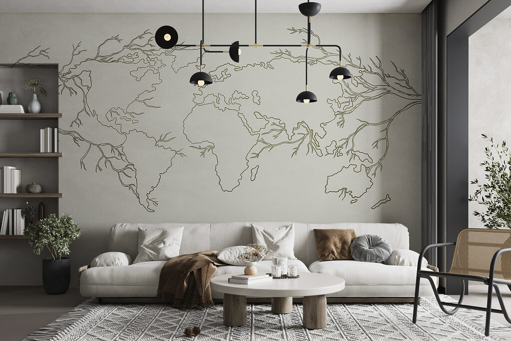Carte du monde ramifiée dans un intérieur