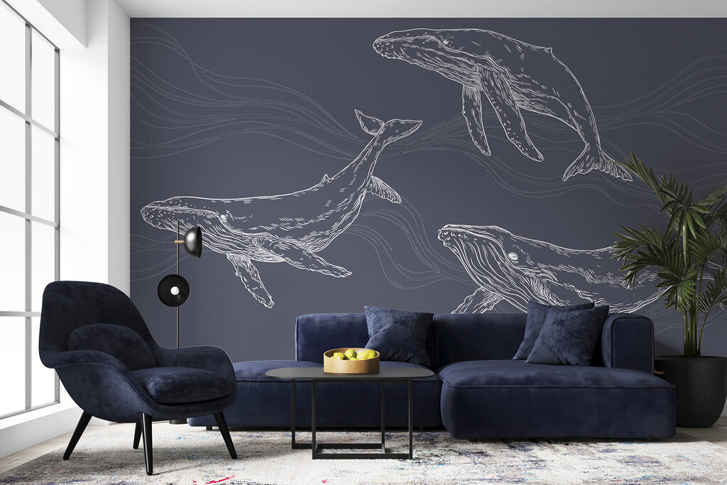 Baleines entre les vagues dans un intérieur
