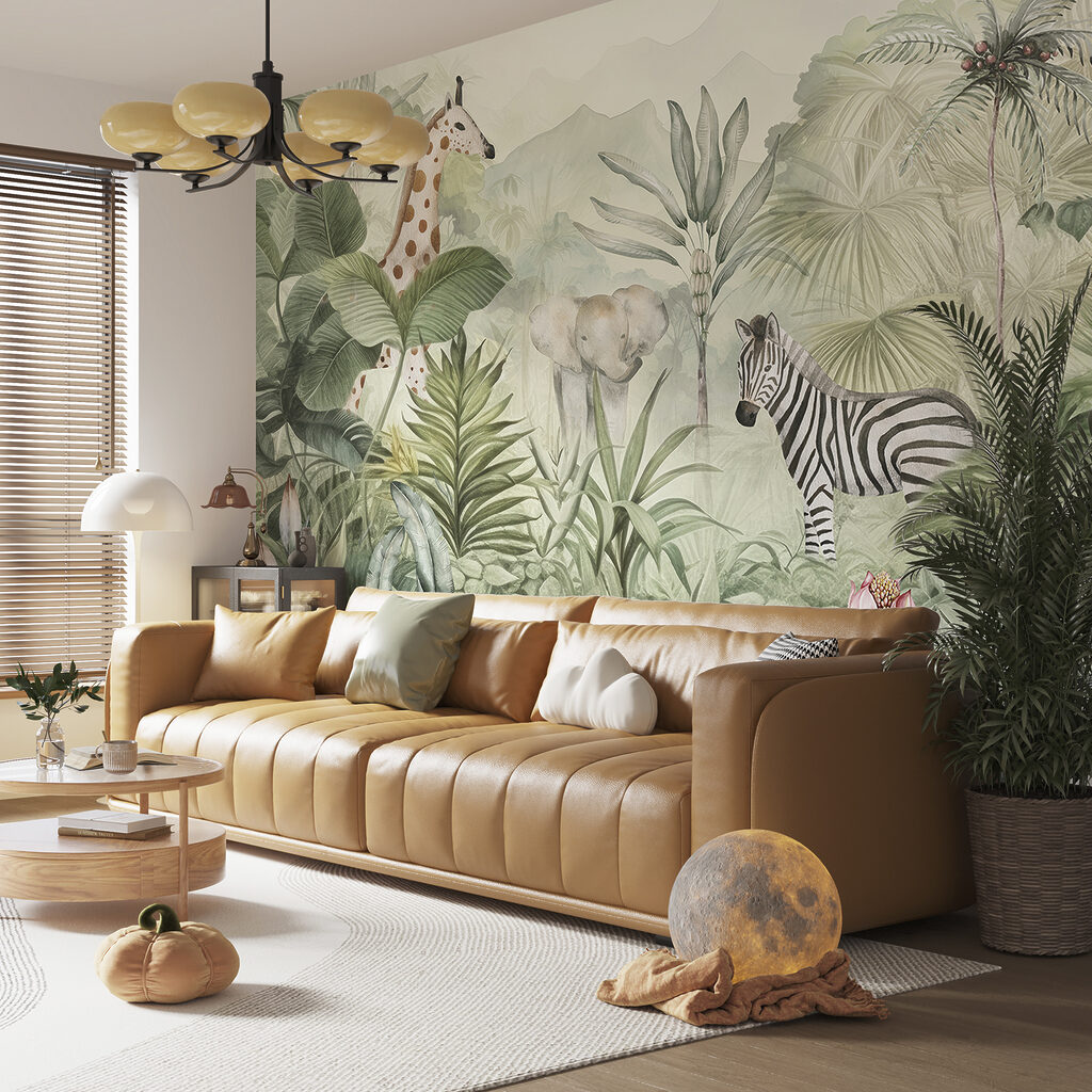 Zèbre et feuillage tendre dans un intérieur