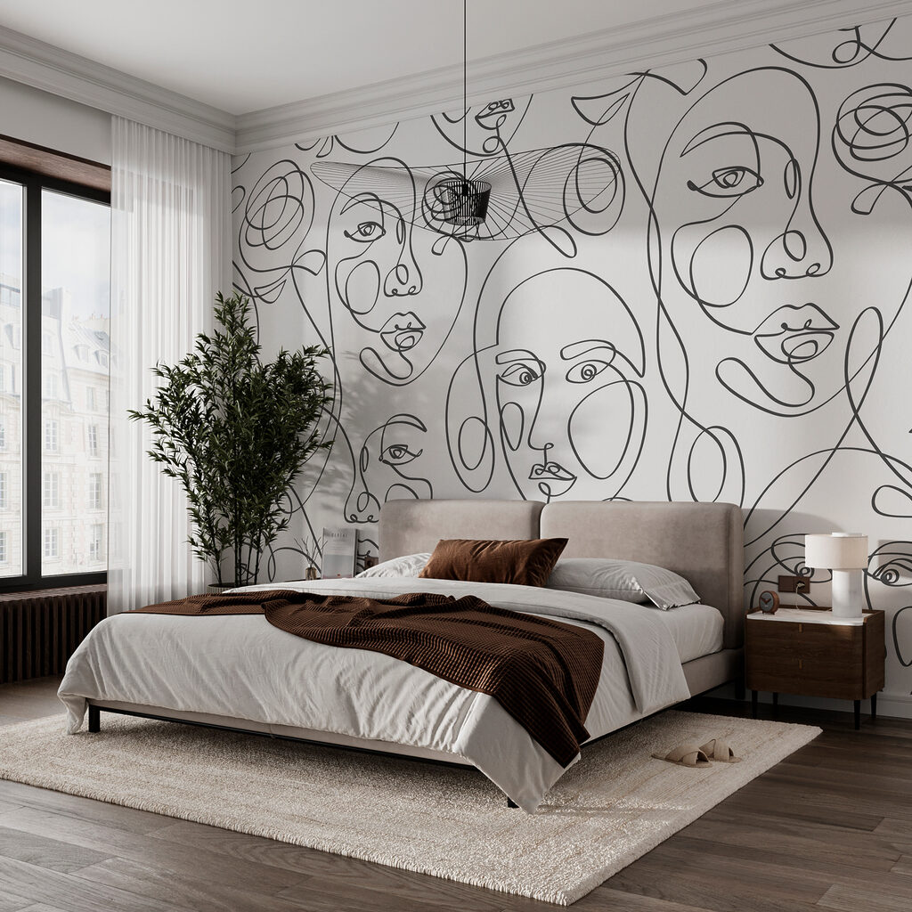 Visages parmi les roses dans un intérieur