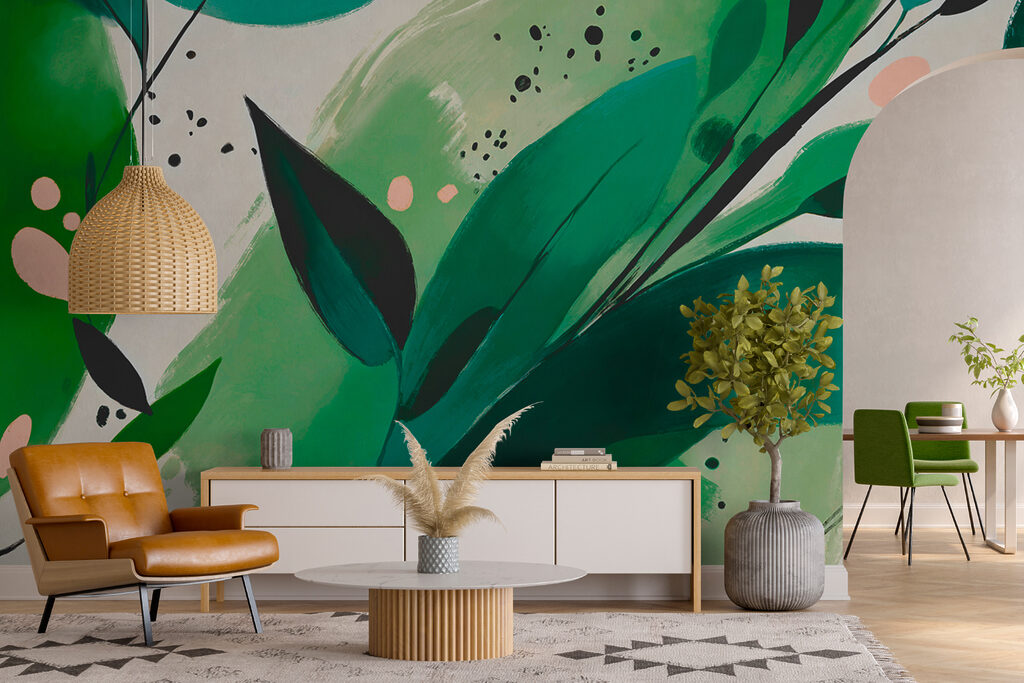 Touches vertes et feuilles dans un intérieur